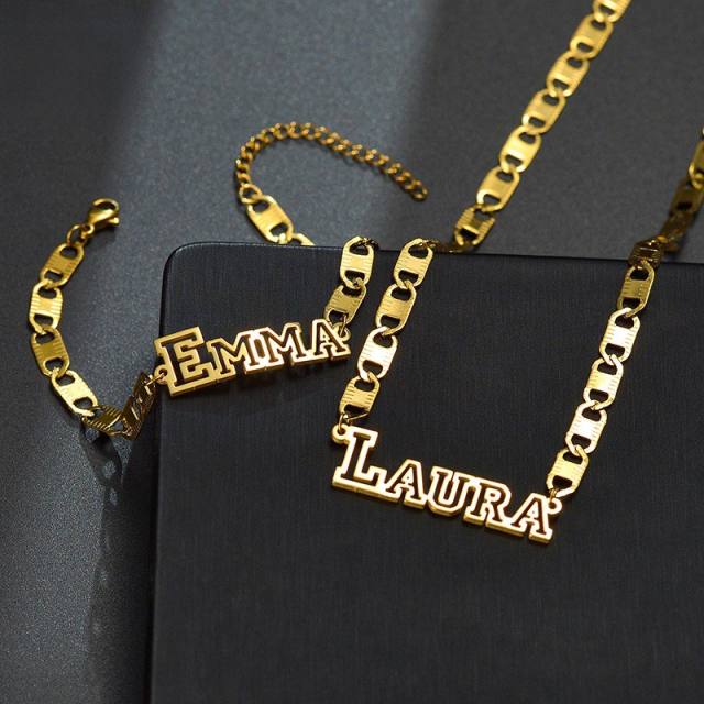 DIY hollow out name stainless steel custom necklace bracelet set