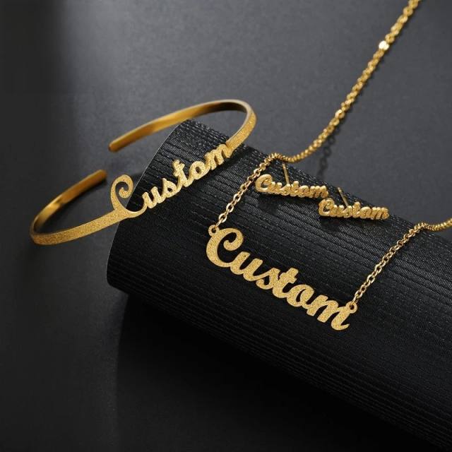 Concise frosted pattern custom name stainless steel necklace earrings bangles bracelet
