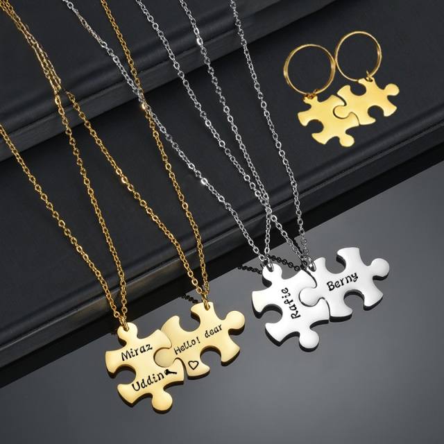 Hot sale Puzzle design stainless steel couples best friends engrave letter necklace