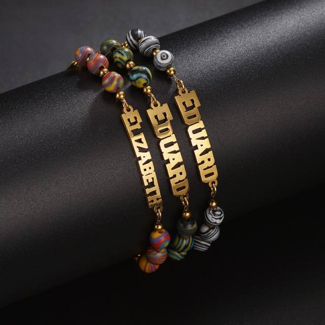 DIY colorful bead cuban link chain custom name stainless steel bracelet
