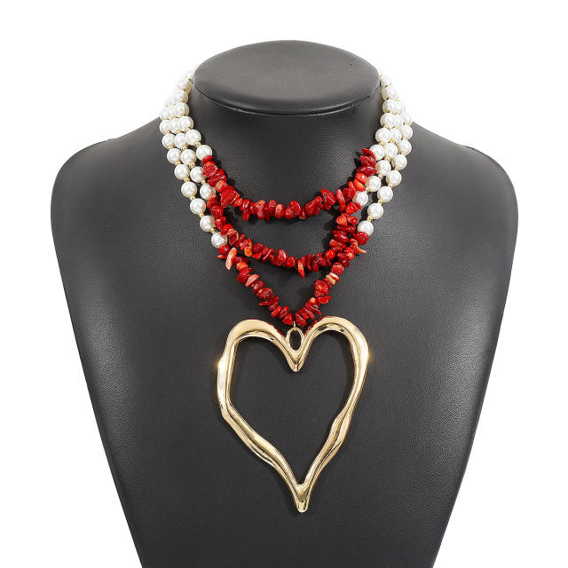 Chunky  boho large size heart pendant faux turquoise bead necklace