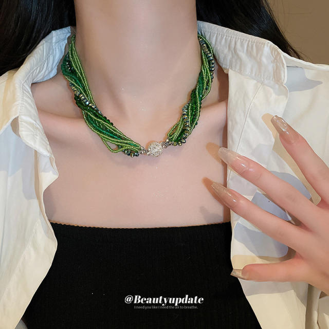 Delicate spring green color beaded twisted choker necklace bracelet