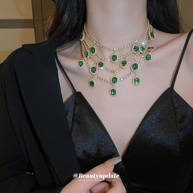 Luxury multi layer emerald crystal statement party necklace