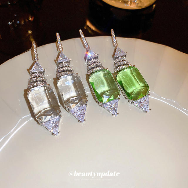 925 needle luxury green white cubic zircon diamond dangle earrings
