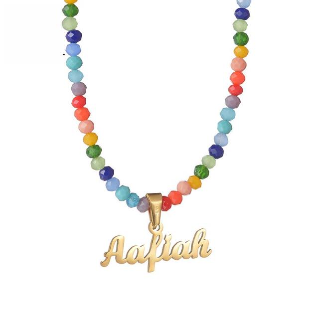 Boho colorful bead custom name stainless steel necklace set