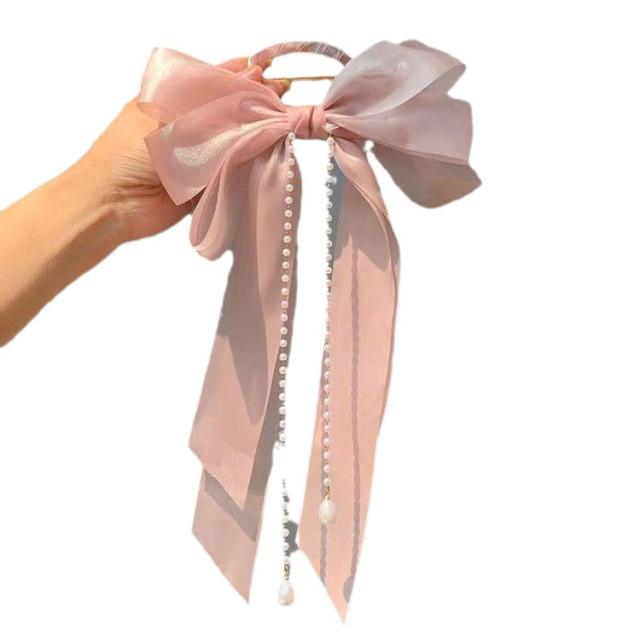 Elegant layer bow pearl chain tassel large size bun holder with hair sticks