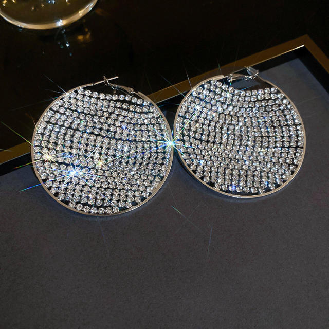 925 needle luxury pave setting rhinestone shiny round shape hoop earrings