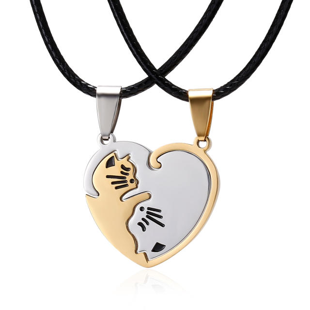 Hot sale matching heart cute cat stainless steel couples necklace