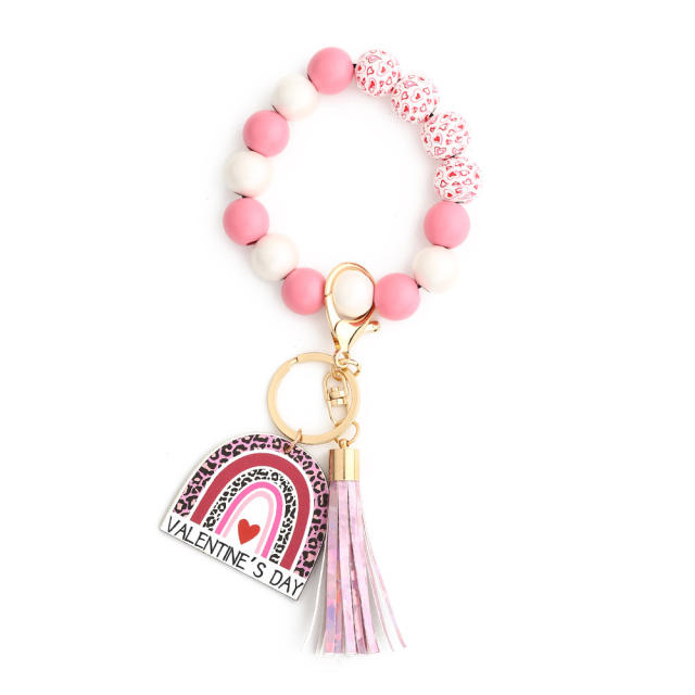 Hot sale Valentine's Day wood card charm silicon bead wristlet keychain