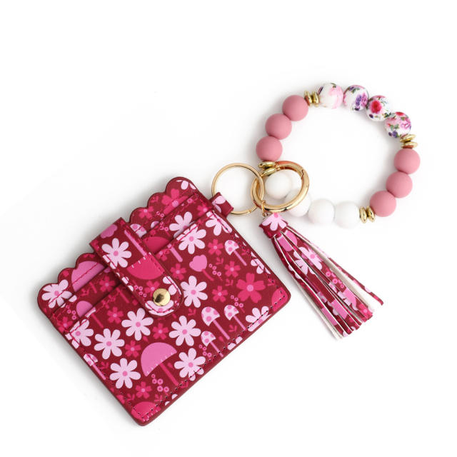Pink heart Valentine's Day them silicon bead card holder wristlet keychain