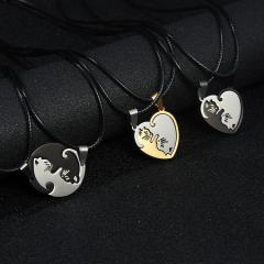 Hot sale matching heart cute cat stainless steel couples necklace