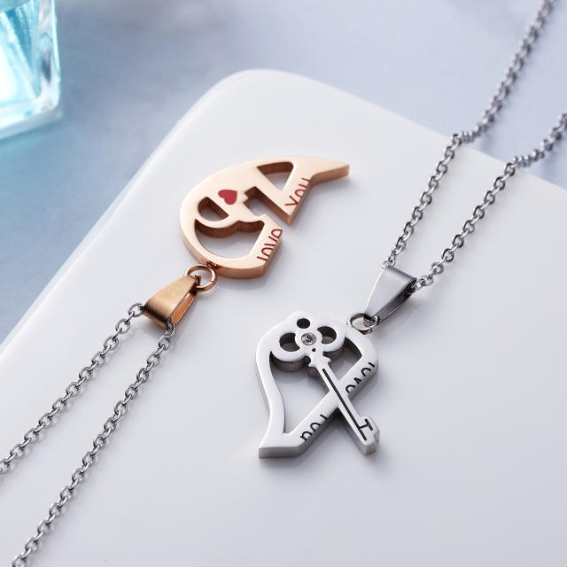 Hot sale matching heart cute cat stainless steel couples necklace