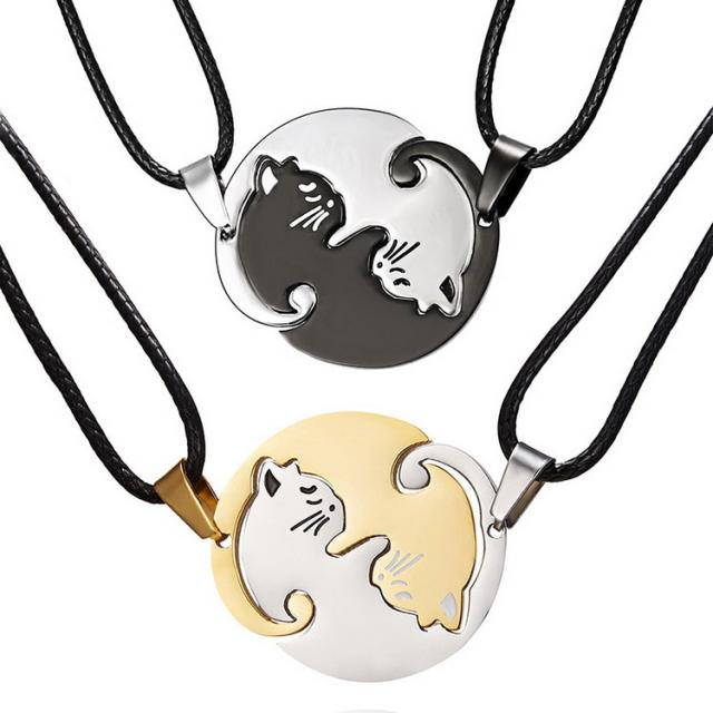 Hot sale matching heart cute cat stainless steel couples necklace
