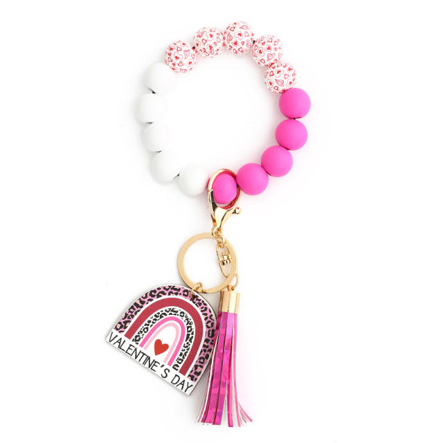 Hot sale Valentine's Day wood card charm silicon bead wristlet keychain
