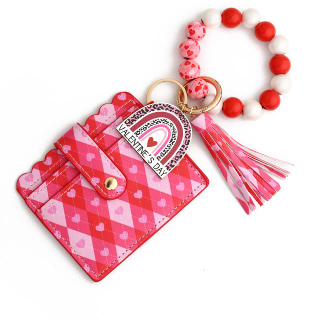 Valentine's Day wood bead card holder wristlet keychain