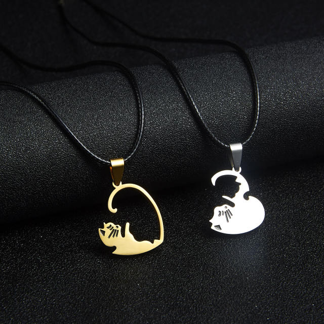 Hot sale matching heart cute cat stainless steel couples necklace