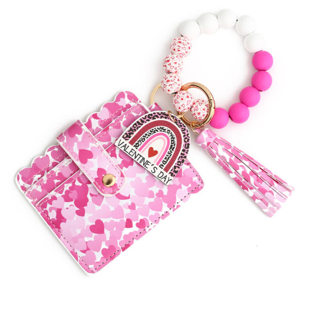 Valentine's Day wood bead card holder wristlet keychain