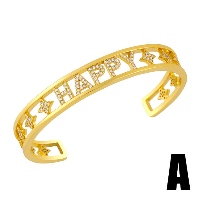 Personality diamond evil eye happy letter gold plated copper bangle