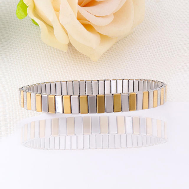 Luxury two tone rhinestone stainless steel elastic bangle bracelet