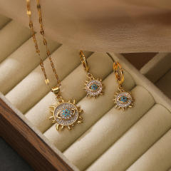 Personality diamond evil eye sun shape pendant gold plated copper necklace set