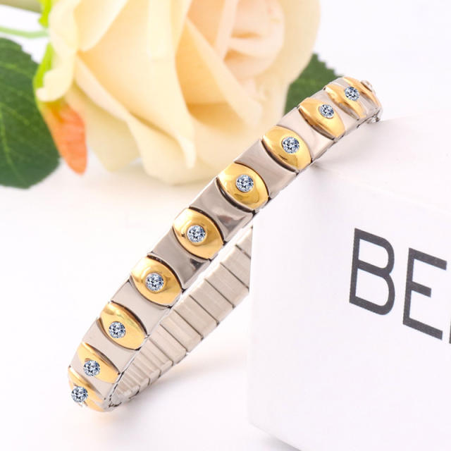 Hot sale rhinestone evil eye stainless steel elastic bangle bracelet