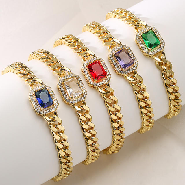 Delicate colorful square cubic zircon gold plated copper chain necklace