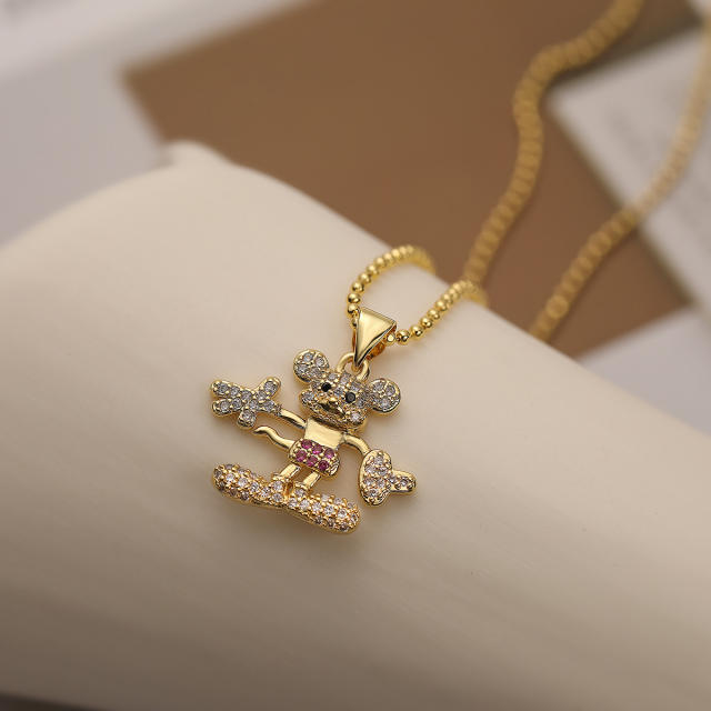 Cute full diamond cartoon pendant gold plated copper necklace