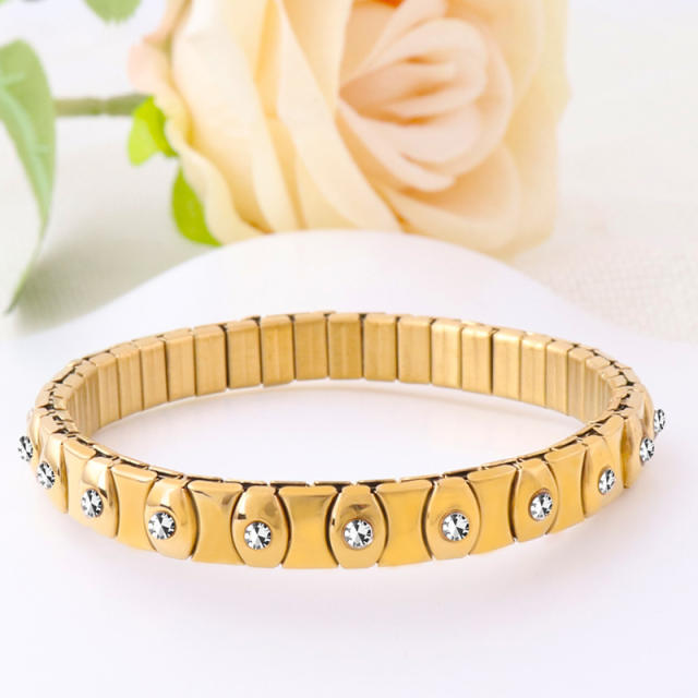 Hot sale rhinestone evil eye stainless steel elastic bangle bracelet
