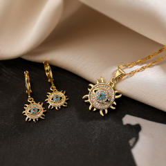 Personality diamond evil eye sun shape pendant gold plated copper necklace set