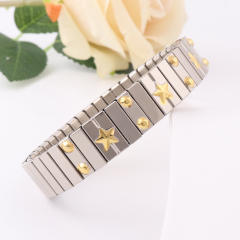 Luxury two tone rhinestone stainless steel elastic bangle bracelet