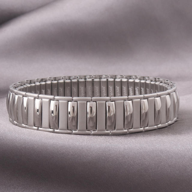 Luxury two tone rhinestone stainless steel elastic bangle bracelet
