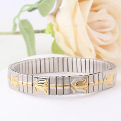 Luxury two tone rhinestone stainless steel elastic bangle bracelet