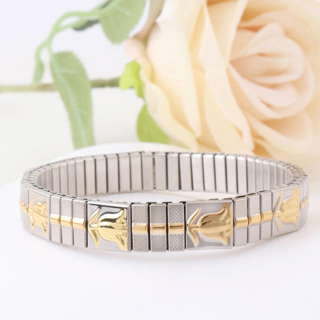Luxury two tone rhinestone stainless steel elastic bangle bracelet