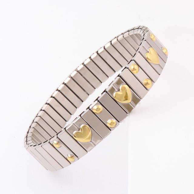 Luxury two tone rhinestone stainless steel elastic bangle bracelet