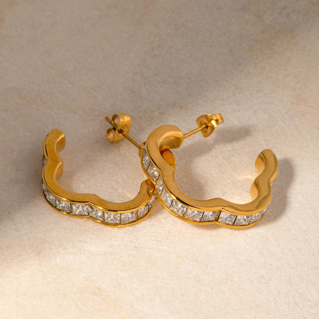 18KG delicate cubic zircon flower shape hoop stainless steel earrings