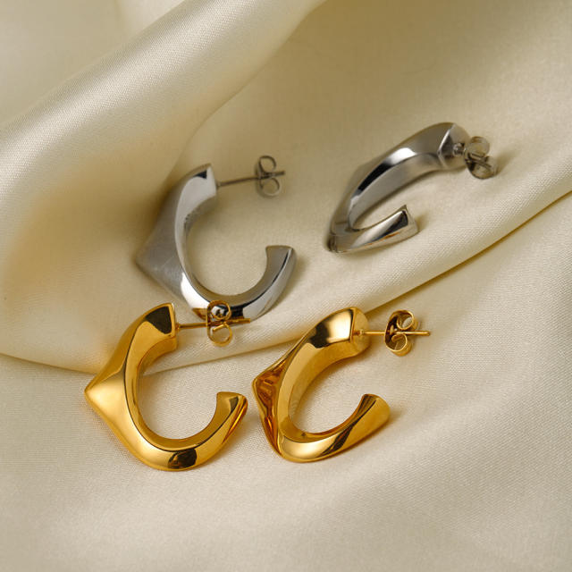 18KG geometric triangle design open hoop stainless steel earrings