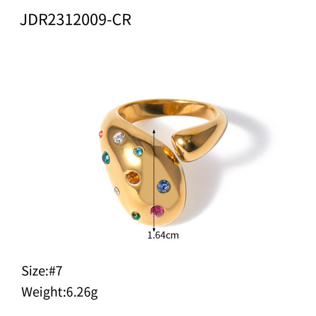 18KG chunky water drop design colorful diamond stainless steel finger rings