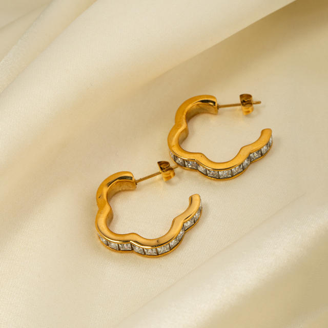 18KG delicate cubic zircon flower shape hoop stainless steel earrings