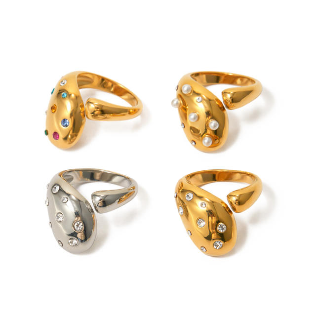 18KG chunky water drop design colorful diamond stainless steel finger rings
