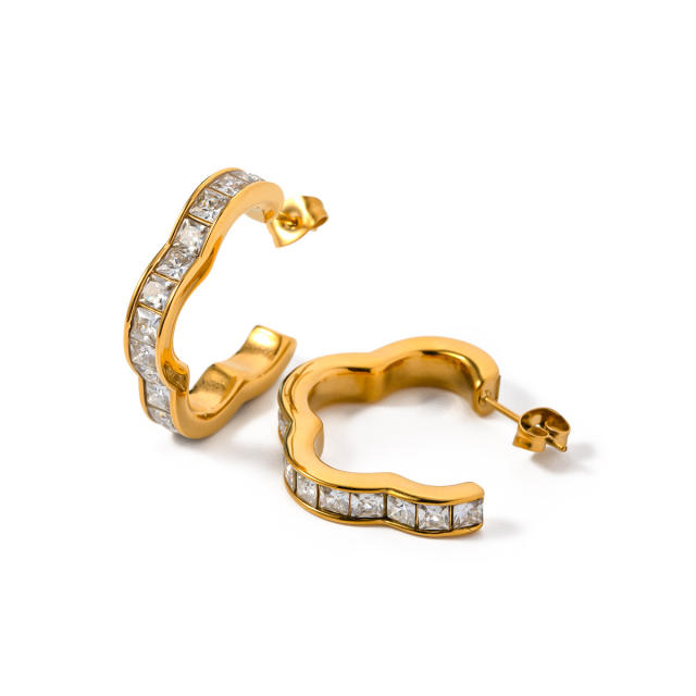 18KG delicate cubic zircon flower shape hoop stainless steel earrings