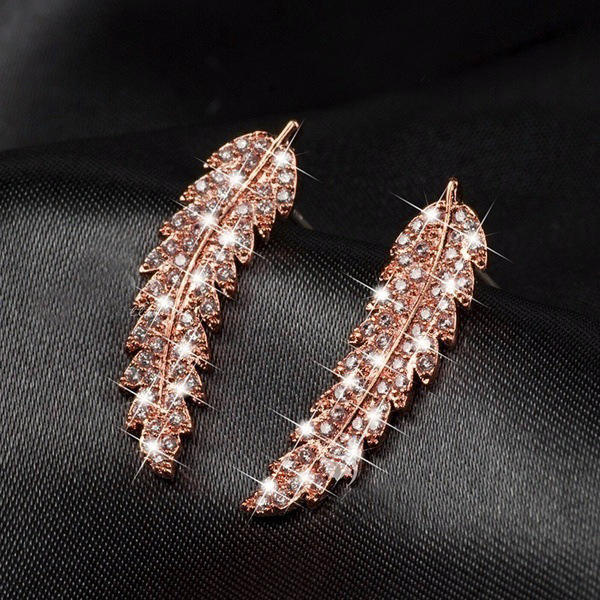 Delicate full diamond feather shape copper studs earrings
