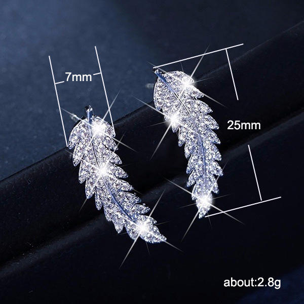 Delicate full diamond feather shape copper studs earrings