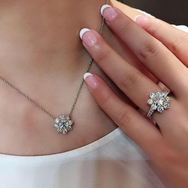 Chic easy match diamond flower dainty necklace earrings rings set