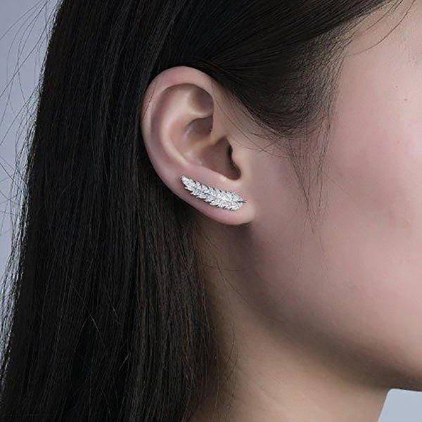 Delicate full diamond feather shape copper studs earrings