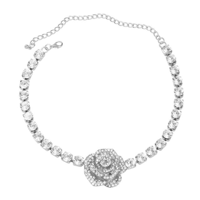 Elegant diamond chain tassel rose flower choker necklace