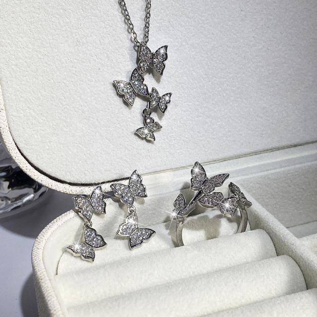 Fashionable diamond butterfly copper necklace earrings set