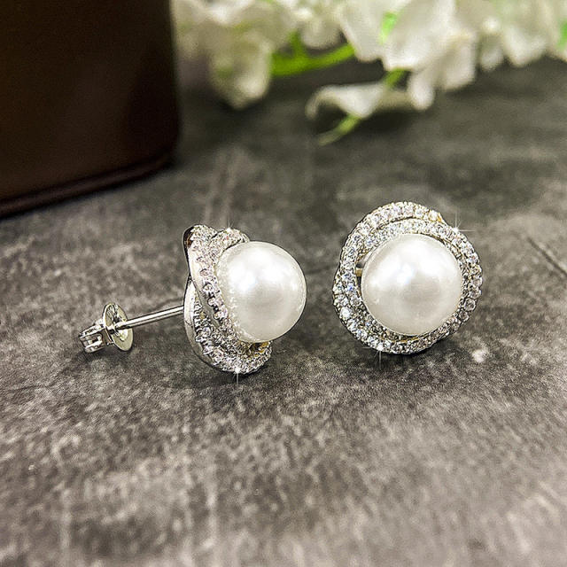 Elegant imitation pearl diamond studs earrings