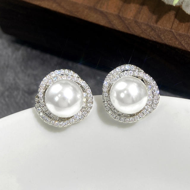 Elegant imitation pearl diamond studs earrings