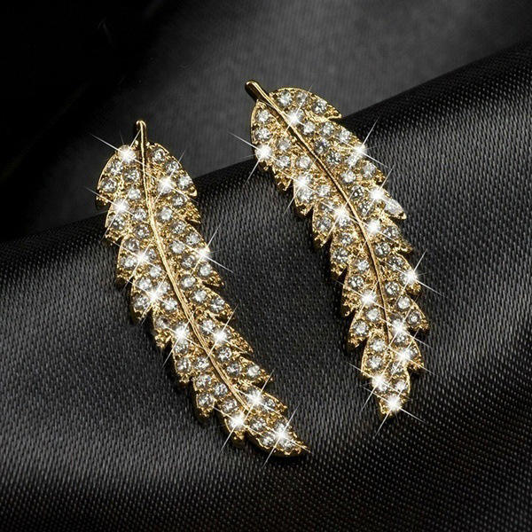 Delicate full diamond feather shape copper studs earrings