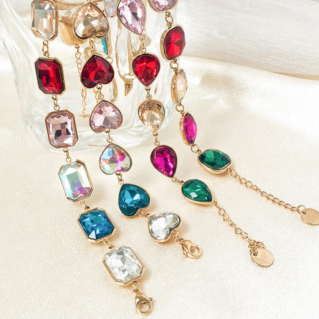Delicate colorful glass crystal stainless steel metal bracelet